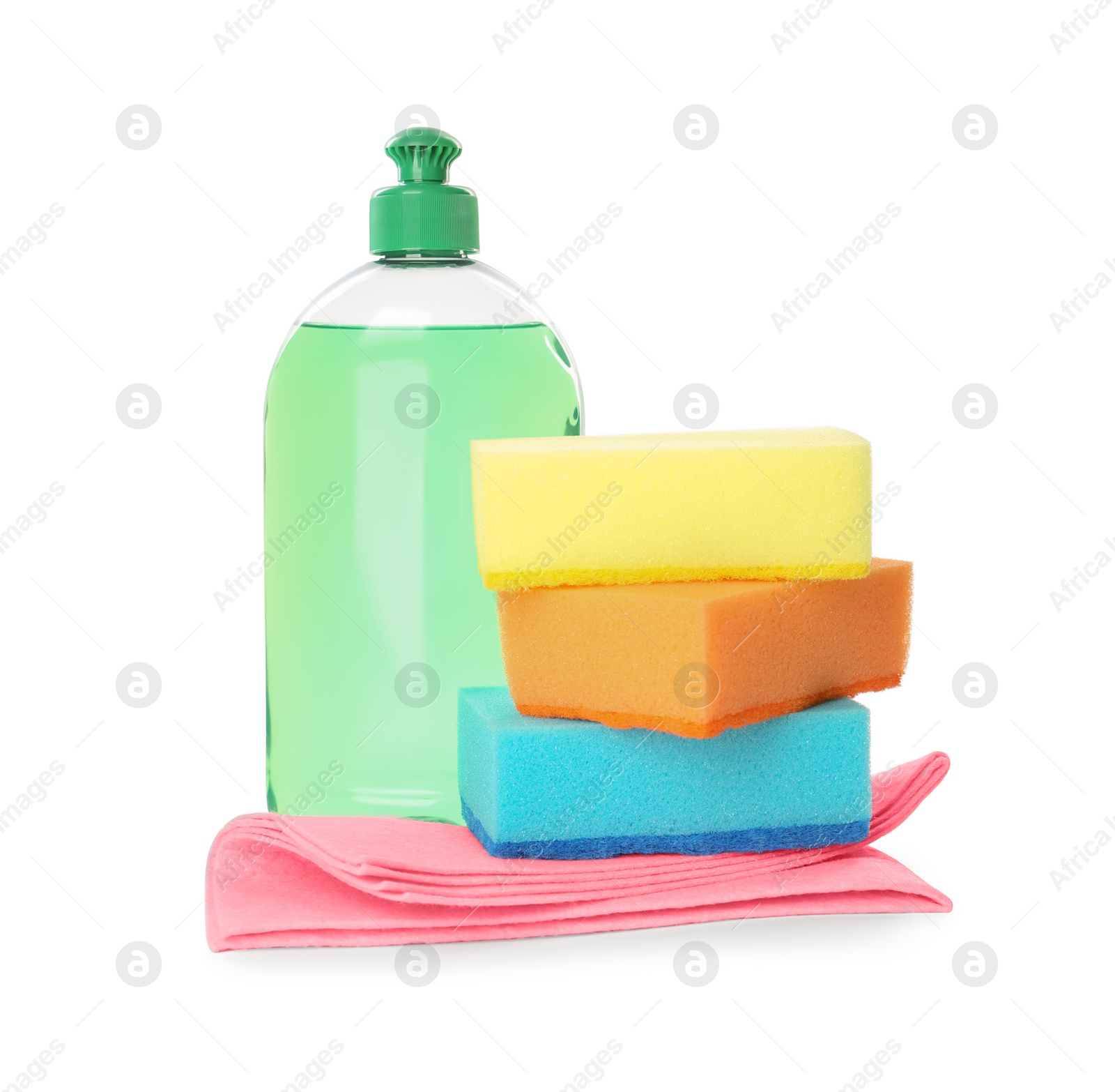 Photo of Cleaning supplies and sponges for dish washing on white background