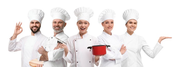 Chefs in uniforms on white background, set with photos