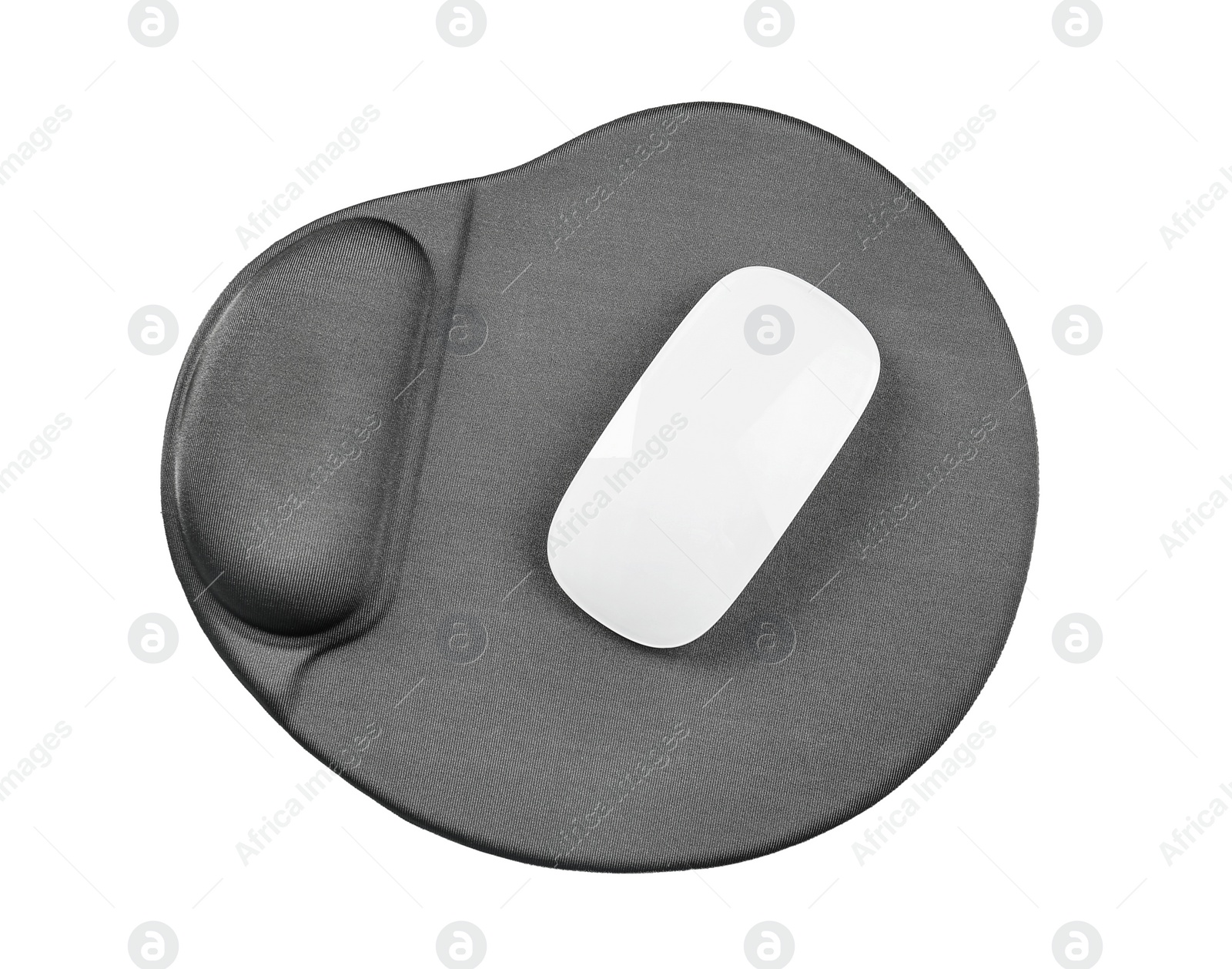 Photo of Blank mat and wireless mouse on light background, top view