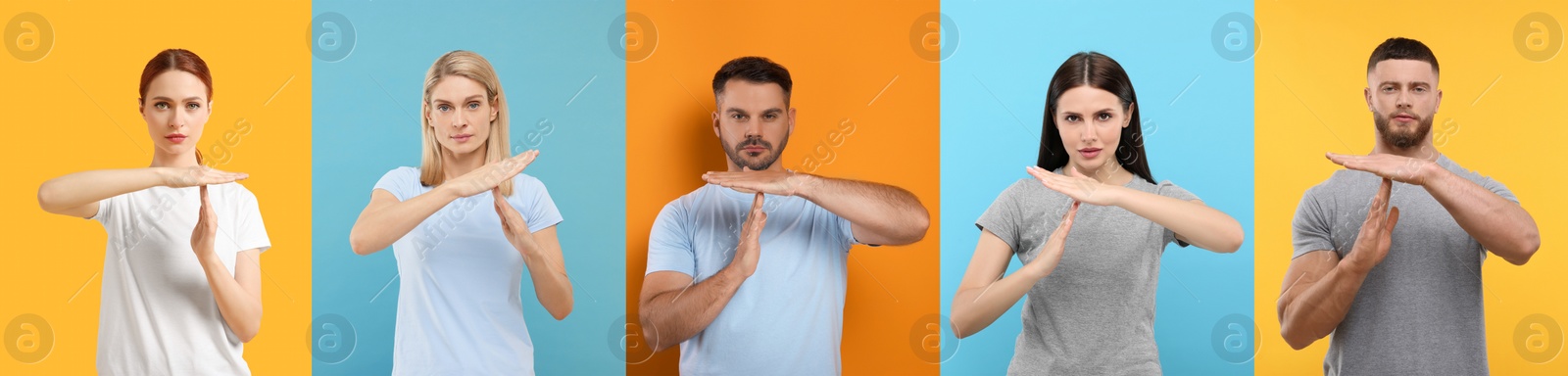 Image of People showing time out gesture on different color backgrounds. Collage with photos