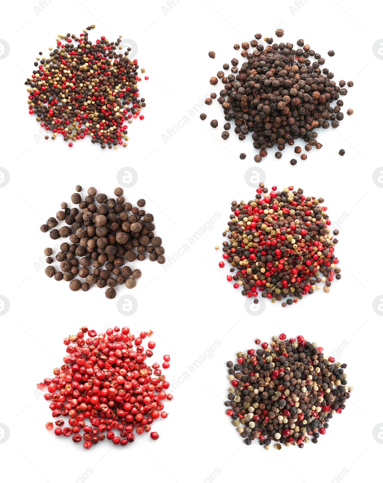 Image of Set with heaps of different peppercorns on white background, top view