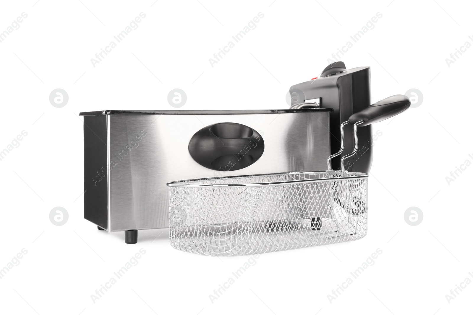 Photo of Modern deep fryer and baskets on white background. Kitchen device