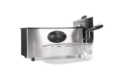 Modern deep fryer and baskets on white background. Kitchen device