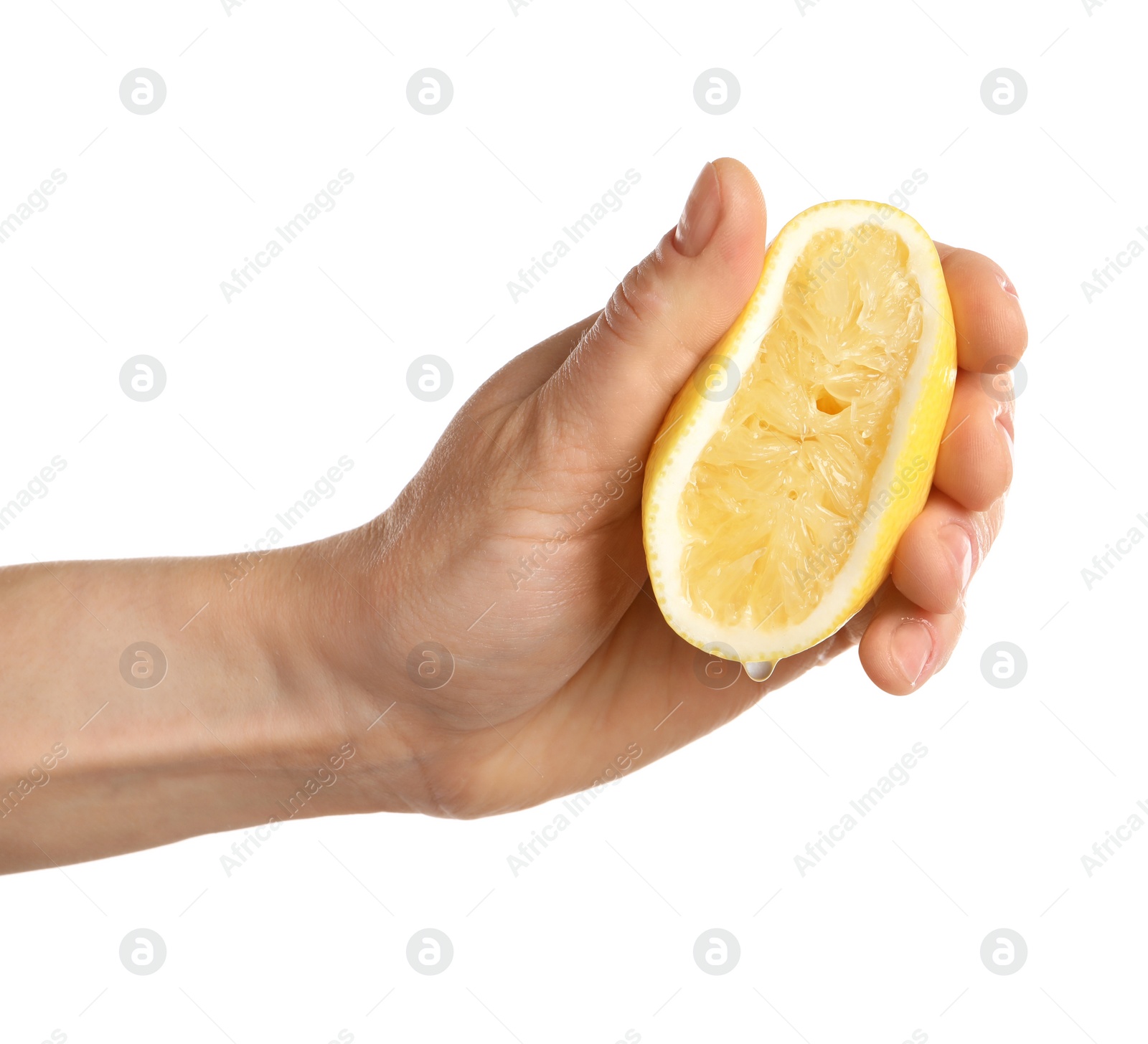 Photo of Woman squeezing lemon half on white background, closeup