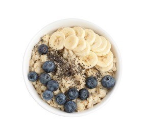 Tasty oatmeal with banana, blueberries and chia seeds in bowl isolated on white, top view