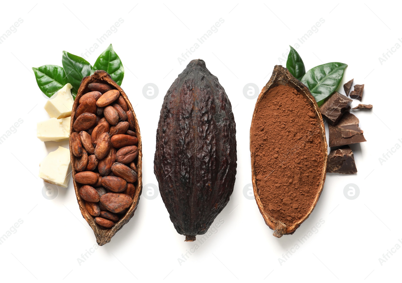 Photo of Composition with cocoa pods and chocolate on white background, top view