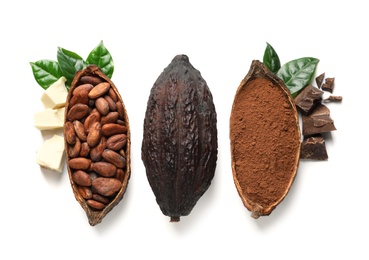 Photo of Composition with cocoa pods and chocolate on white background, top view