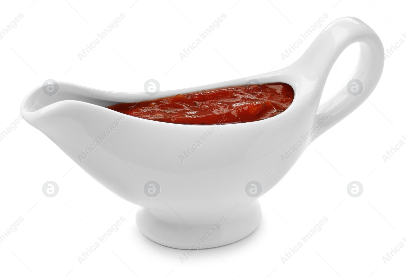 Photo of Ceramic boat with barbecue sauce isolated on white