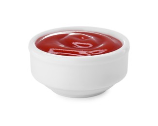 Photo of Bowl of tasty ketchup isolated on white. Tomato sauce