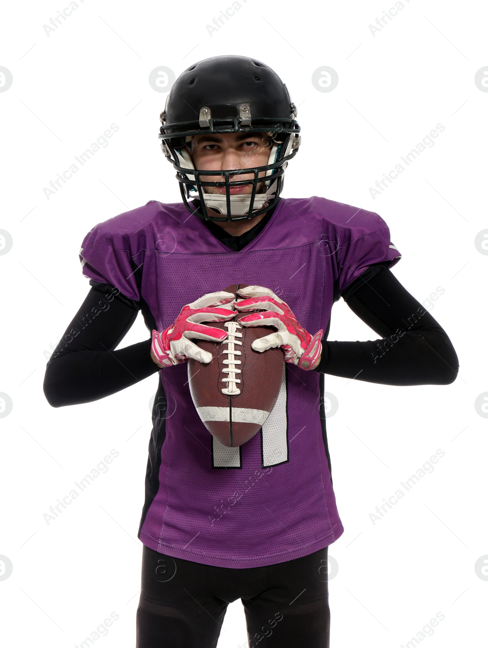 Photo of American football player with ball on white background