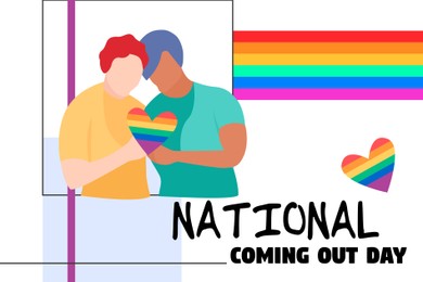 National Coming Out day. Happy gay couple, pride flag and hearts in colors of rainbow on white background, illustrations