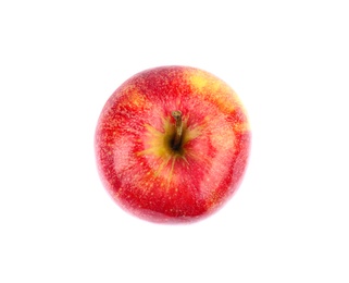 Photo of Ripe juicy red apple on white background, top view