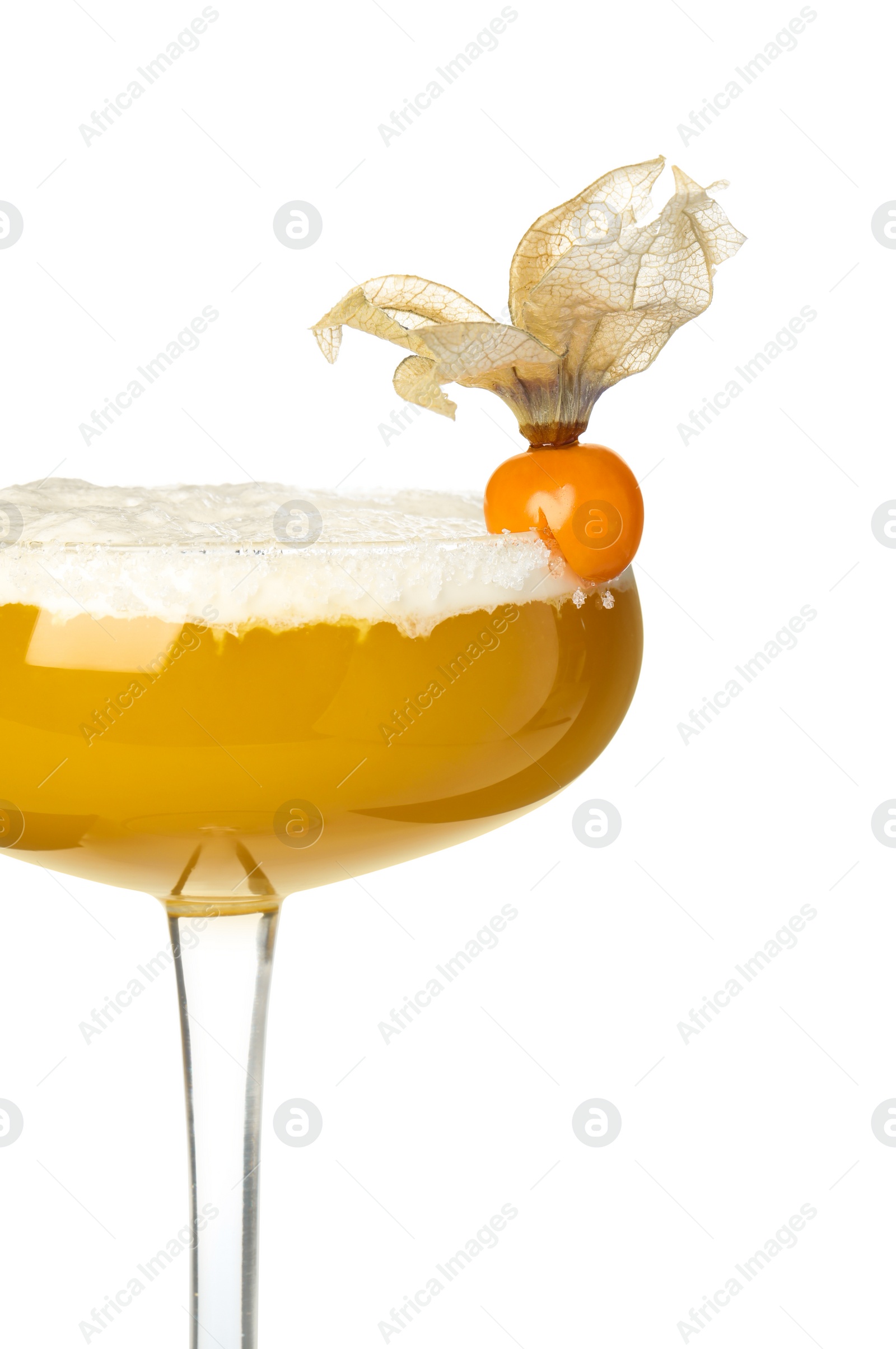 Photo of Refreshing cocktail decorated with physalis fruit on white background