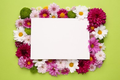 Frame made of beautiful chrysanthemum flowers and blank card on green background, flat lay. Space for text