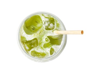 Photo of Glass of tasty iced matcha latte isolated on white, top view
