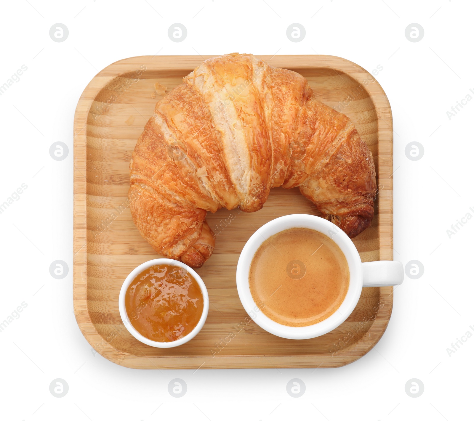 Photo of Fresh croissant, jam and coffee isolated on white, top view. Tasty breakfast