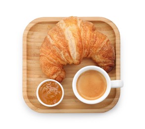 Photo of Fresh croissant, jam and coffee isolated on white, top view. Tasty breakfast