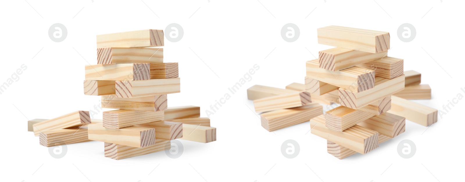 Image of Jenga tower on white background, different angles