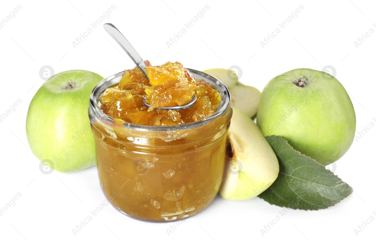 Photo of Glass jar of delicious apple jam and fresh fruits isolated on white