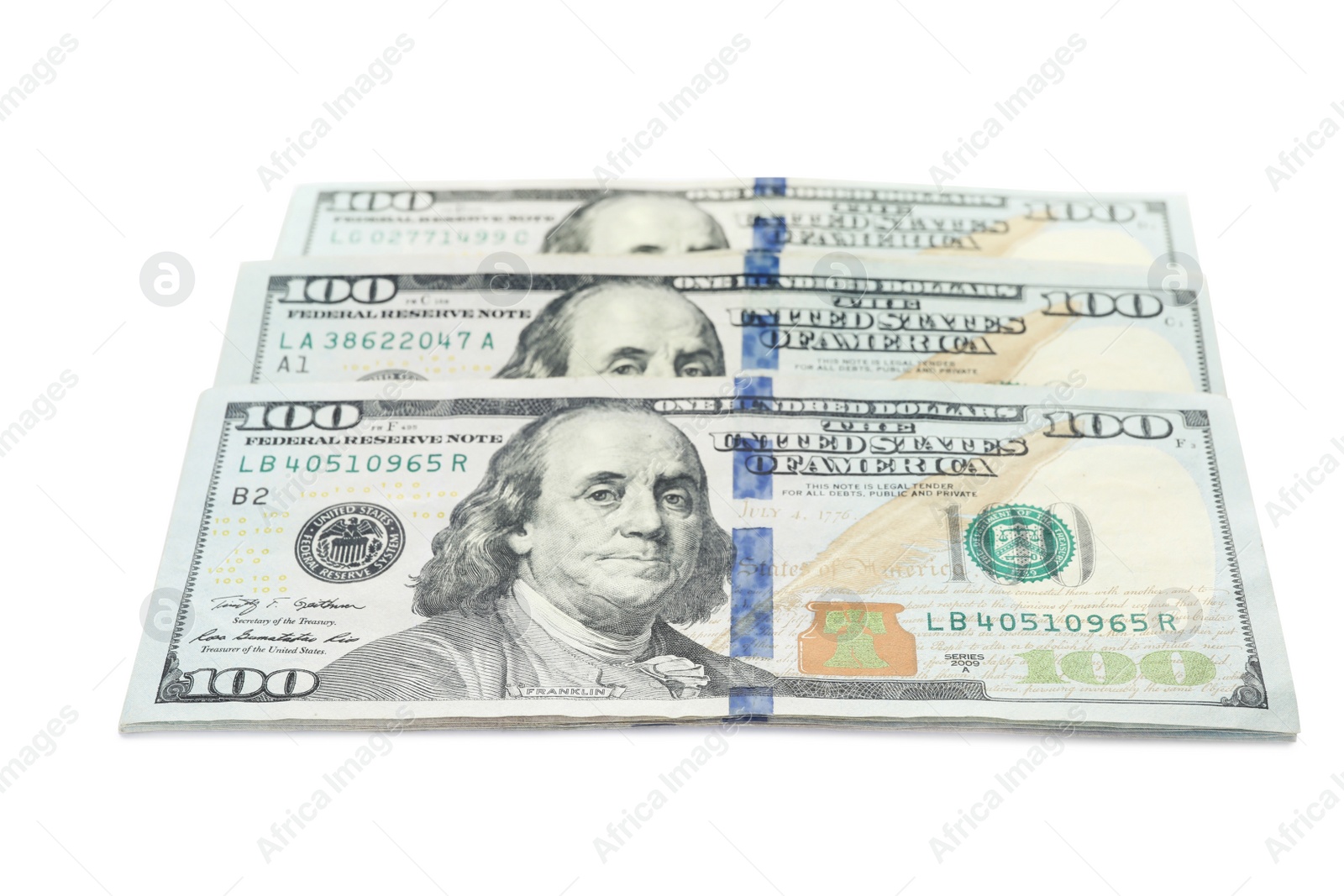 Photo of Many dollar banknotes on white background. American national currency