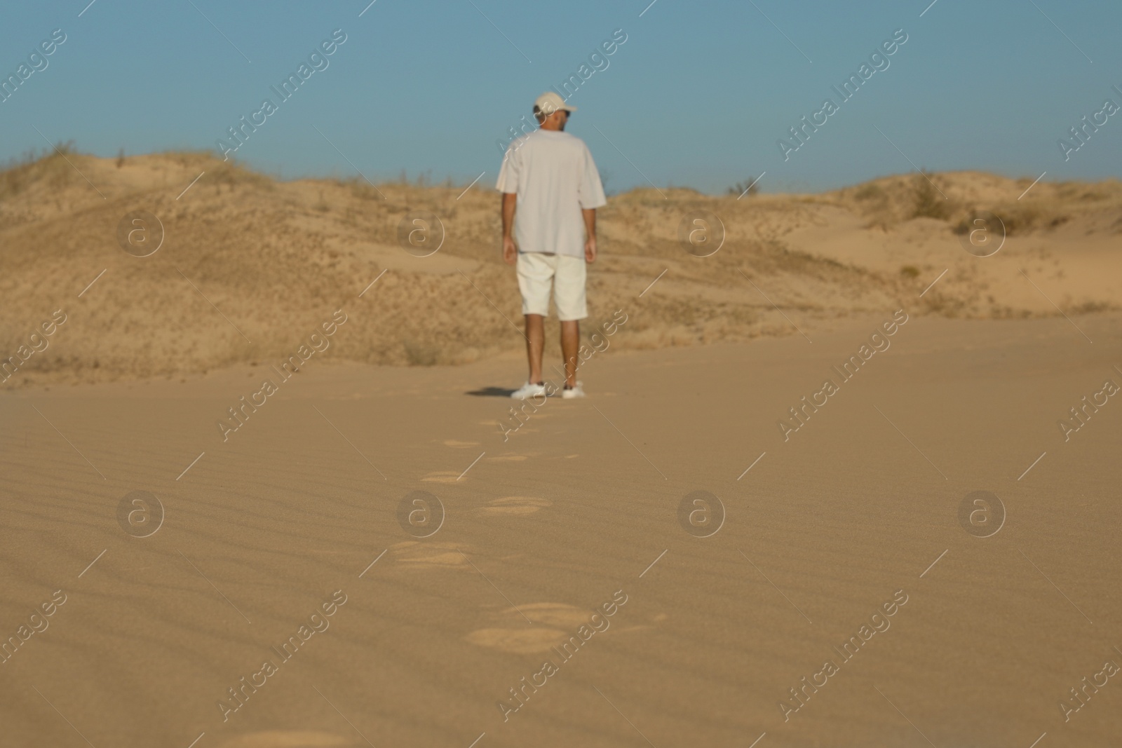 Photo of Man in desert on sunny day, back view