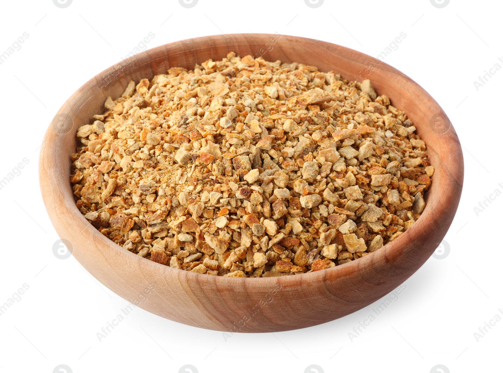 Photo of Bowl of dried orange zest seasoning isolated on white