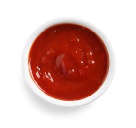 Photo of Delicious tomato sauce in bowl on white background, top view