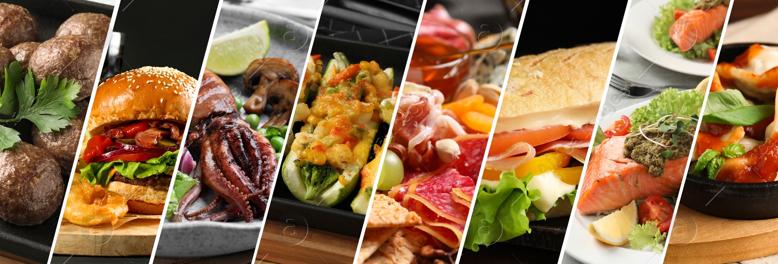 Image of Assortment of tasty dishes. Collage with different meals, closeup