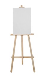 Photo of Wooden easel with blank sheet of paper isolated on white
