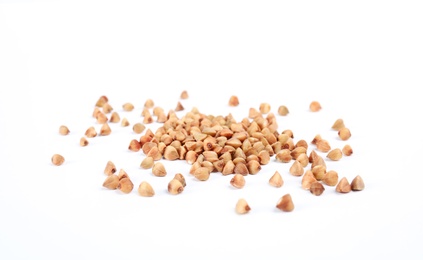 Uncooked buckwheat on white background. Healthy diet