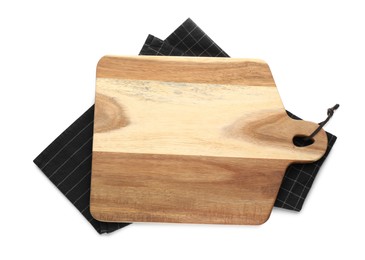 Wooden cutting board with kitchen towel isolated on white, top view. Cooking utensil