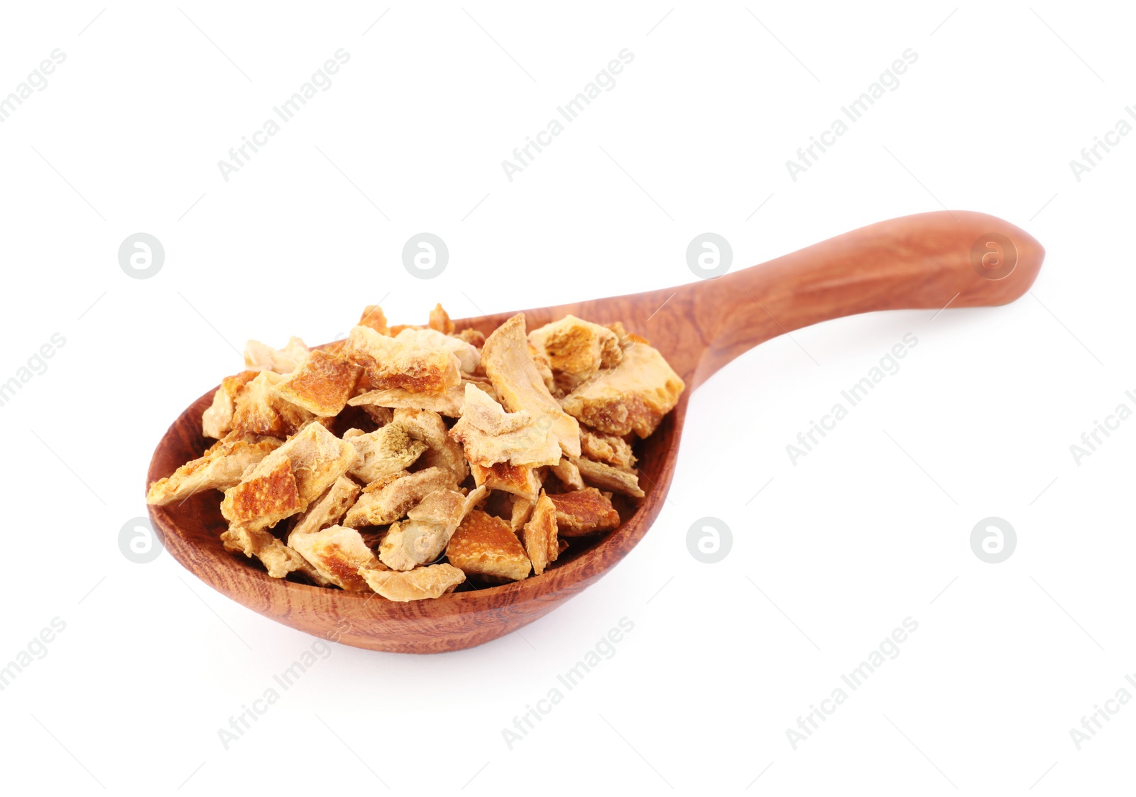 Photo of Spoon with dried orange zest seasoning isolated on white