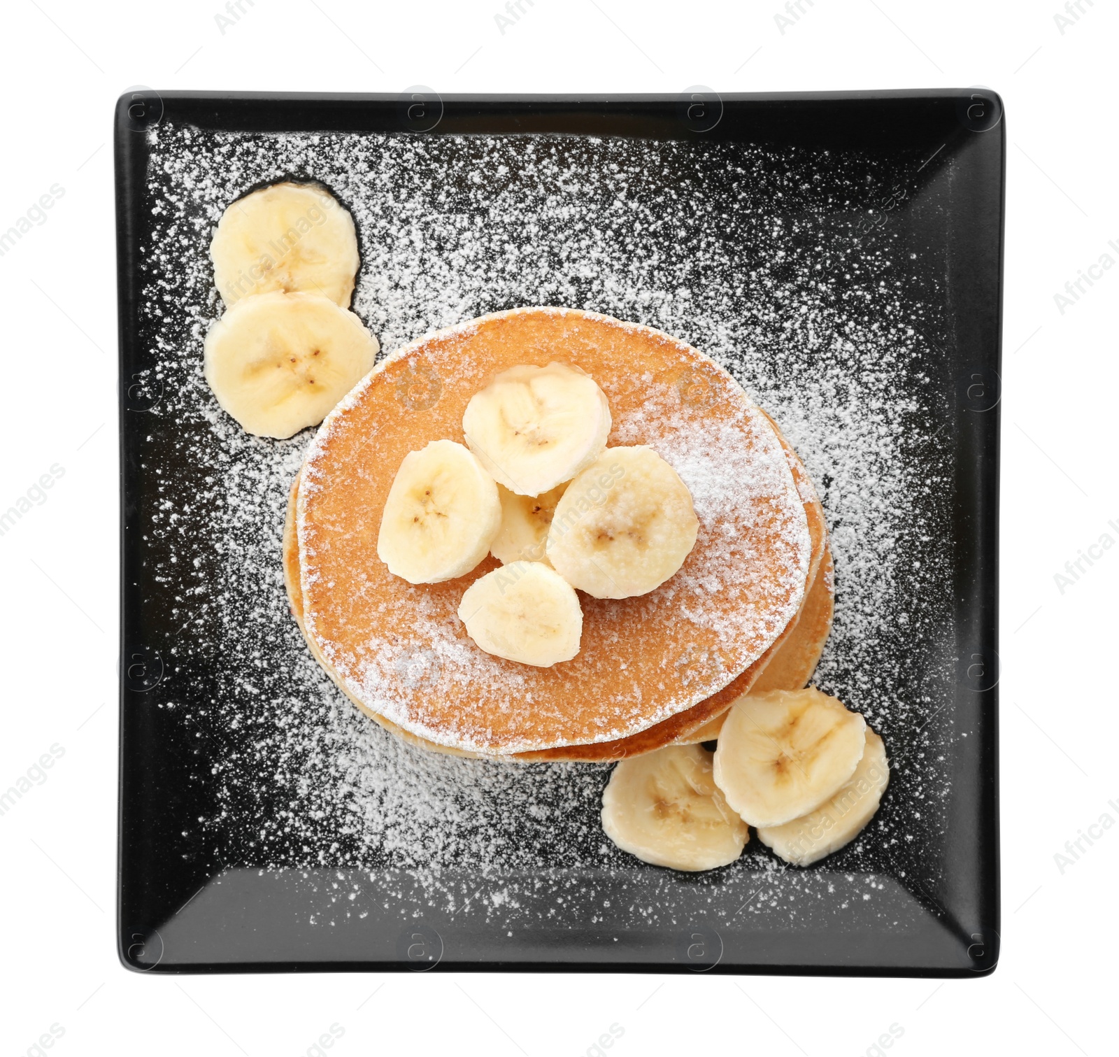 Photo of Plate with delicious pancakes on white background