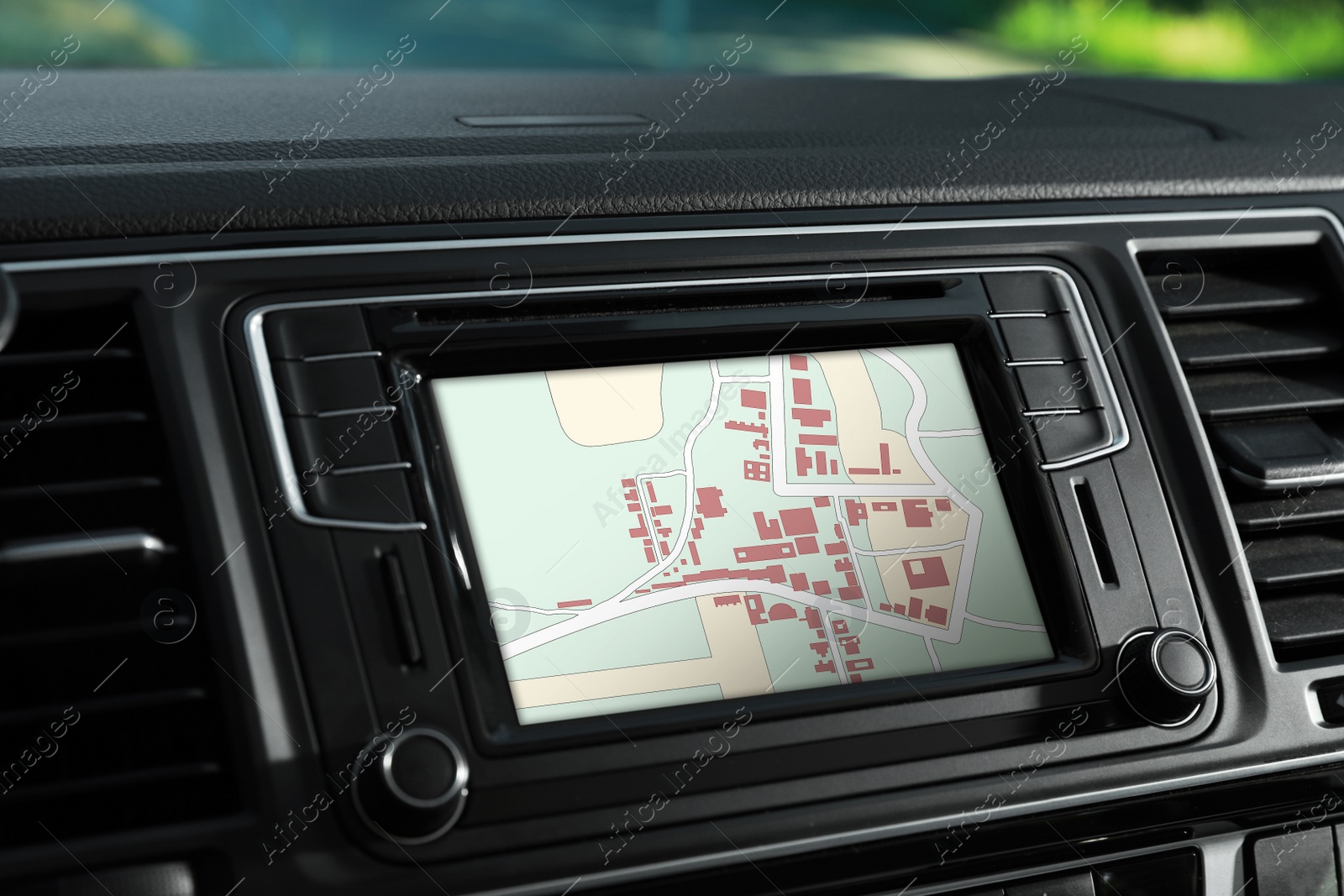 Image of Closeup view of dashboard with navigation system in modern car