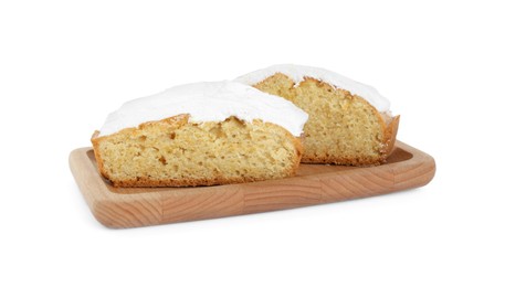 Photo of Pieces of homemade yogurt cake with cream on white background