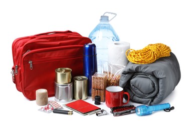 Photo of Disaster supply kit for earthquake on white background
