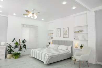 Comfortable furniture, ceiling fan, houseplants and accessories in stylish bedroom