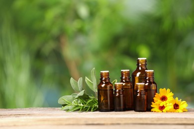 Bottles with essential oils, herbs and flowers on wooden table against blurred green background. Space for text