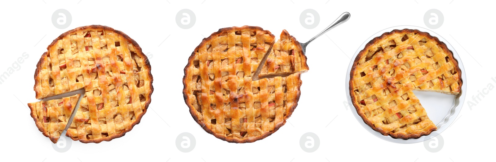 Image of Set of sliced traditional apple pies on white background, top view. Banner design