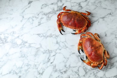 Photo of Delicious boiled crabs on white marble table, top view. Space for text