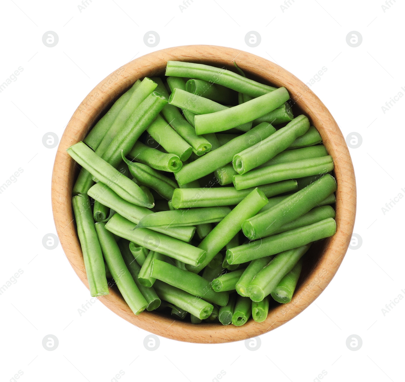 Photo of Fresh green beans in wooden bowl isolated on white, top view