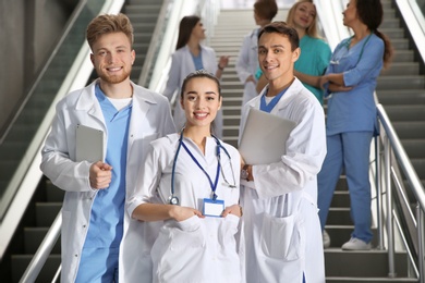 Group of medical students in college hallway