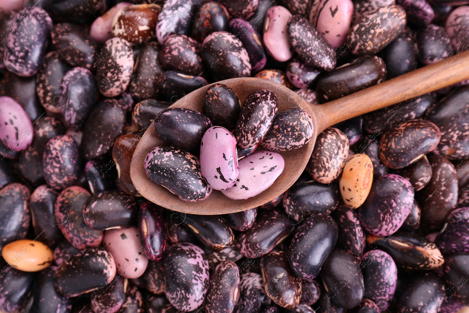 Photo of Wooden spoon on dry kidney beans, top view