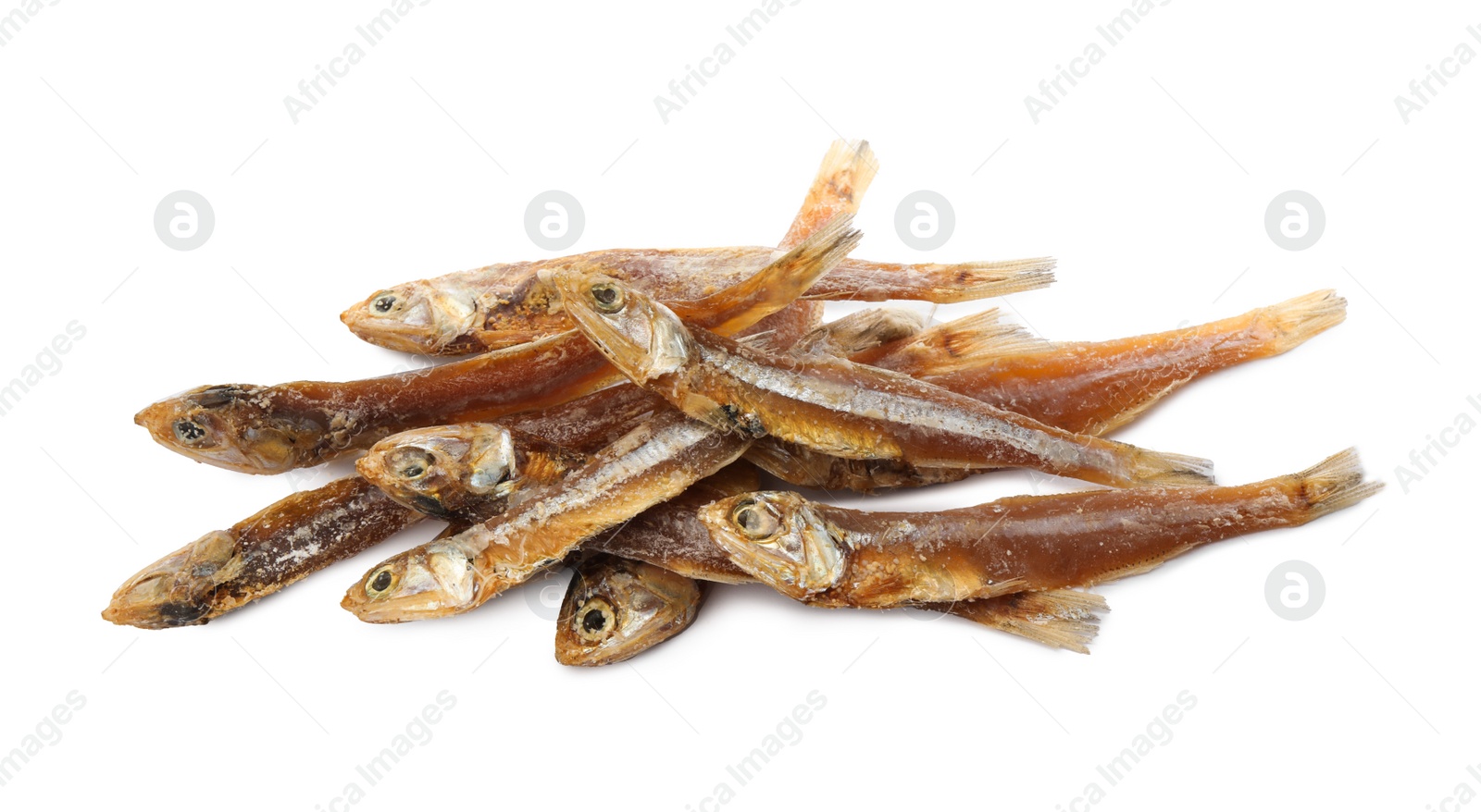 Photo of Delicious dried salted anchovies on white background