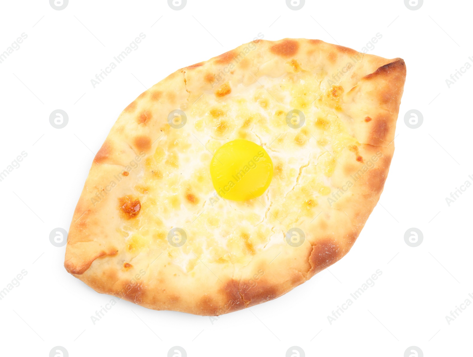 Photo of Fresh delicious Adjarian khachapuri isolated on white, top view