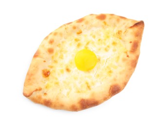 Fresh delicious Adjarian khachapuri isolated on white, top view