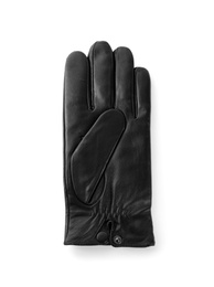 Stylish black leather glove on white background, top view