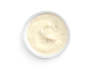 Photo of Delicious sauce in bowl on white background, top view