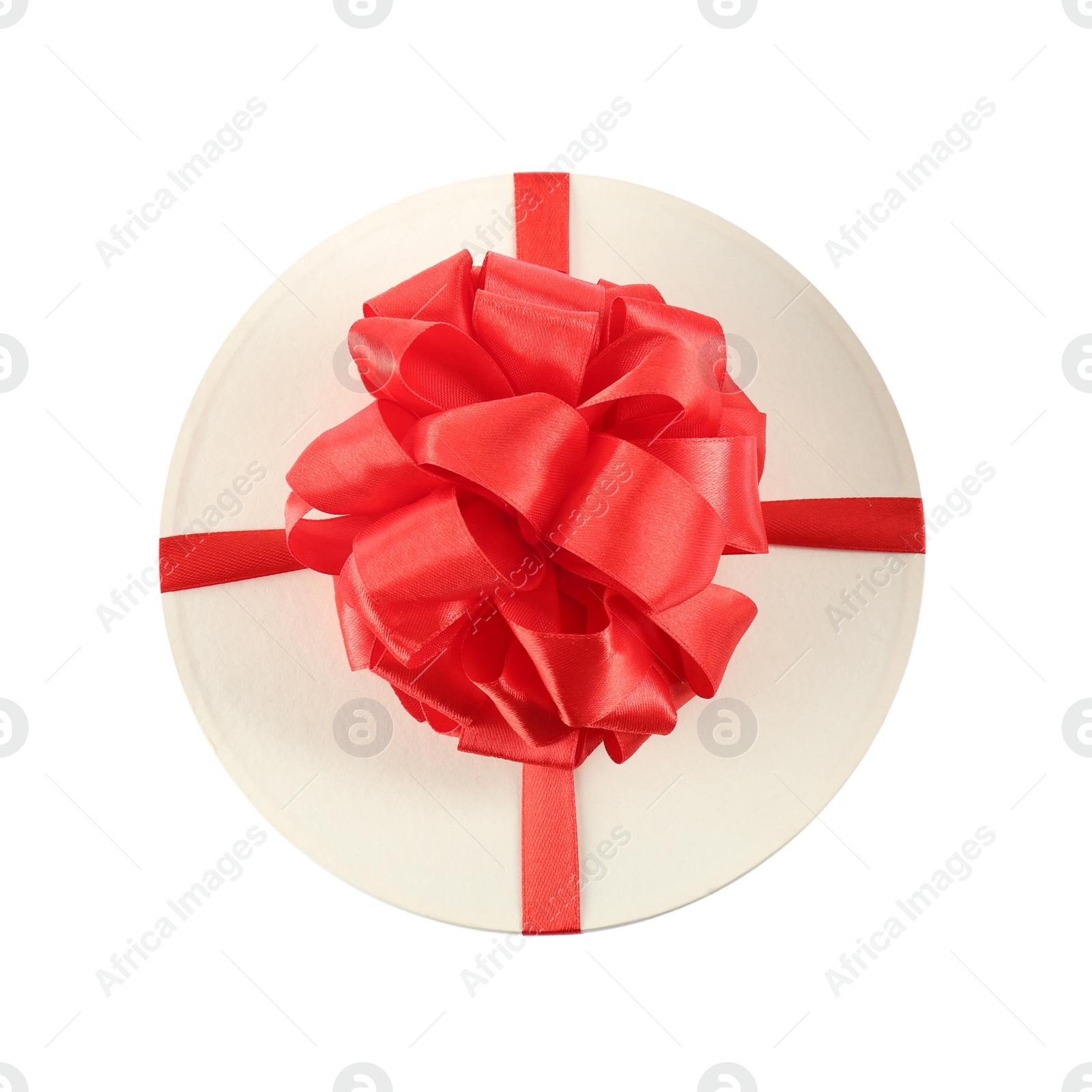 Photo of Beautiful gift box with red bow isolated on white, top view