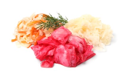 Photo of Delicious sauerkraut prepared according to different recipes with dill on white background